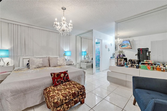 881 SW 137th Ct, Miami, FL 33184 - bedroom with a textured ceiling, light tile patterned flooring, and an inviting chandelier