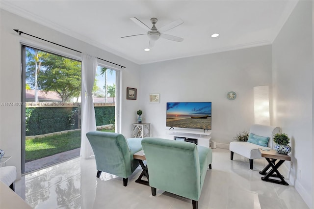 1826 Capeside Cir, Wellington, FL 33414 - living room with ornamental molding, a ceiling fan, baseboards, and recessed lighting