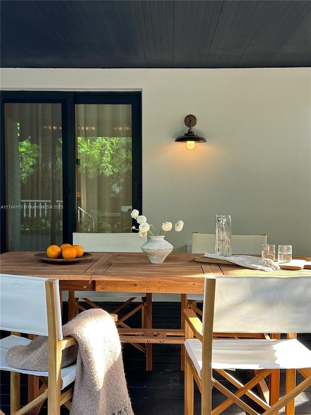 dining room featuring wood-type flooring and wooden ceiling