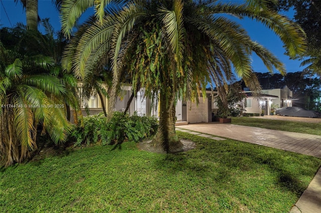 obstructed view of property with a garage, decorative driveway, and a front yard