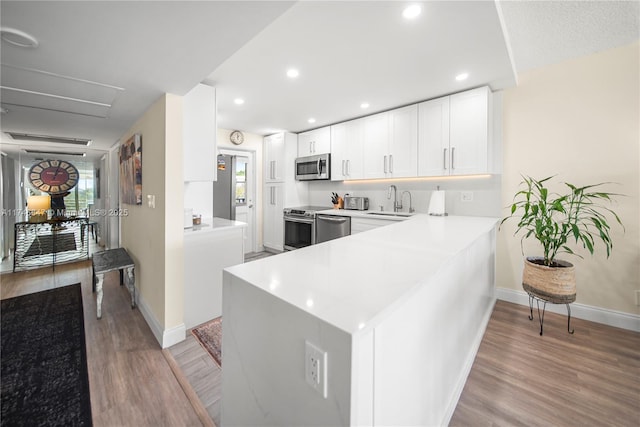 kitchen with stainless steel appliances, light wood finished floors, a sink, and light countertops