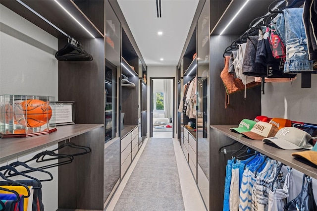 spacious closet featuring light carpet