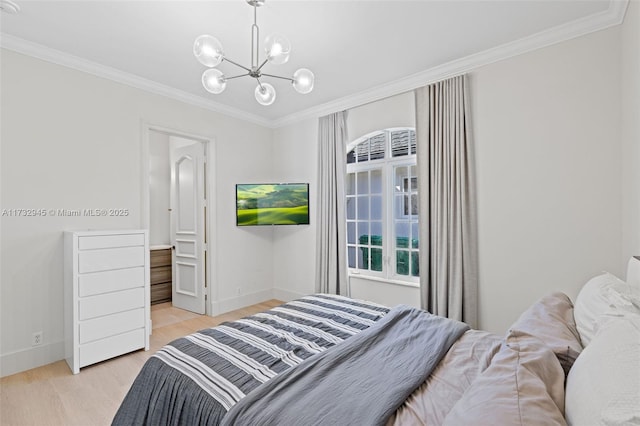 bedroom with ornamental molding, a chandelier, and light wood-type flooring