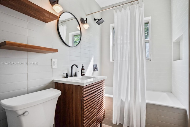 full bathroom with toilet, tasteful backsplash, tile walls, vanity, and shower / bath combination with curtain