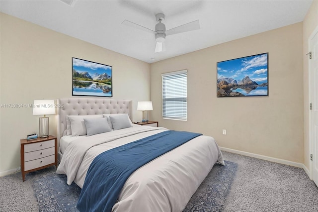 bedroom with dark colored carpet and ceiling fan