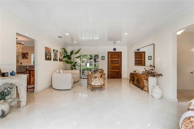 living room featuring ornamental molding, recessed lighting, visible vents, and baseboards