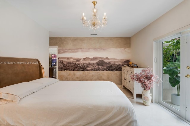 bedroom featuring access to exterior, visible vents, and an inviting chandelier