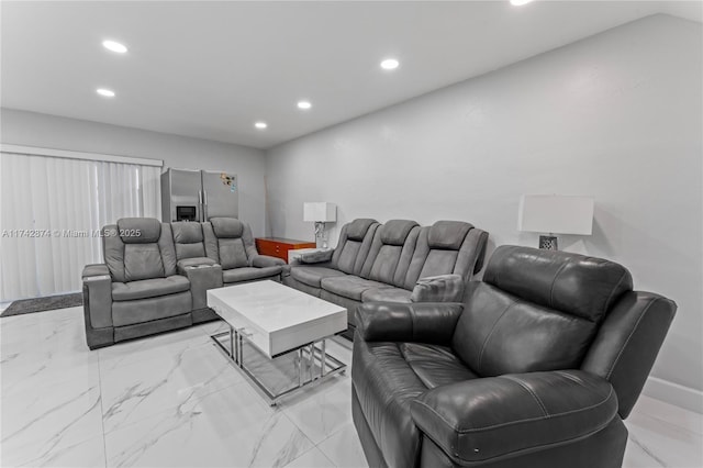 living room with marble finish floor and recessed lighting