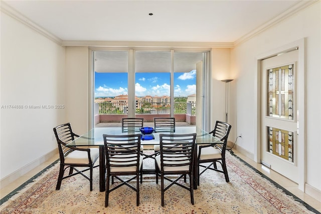 tiled dining space with crown molding