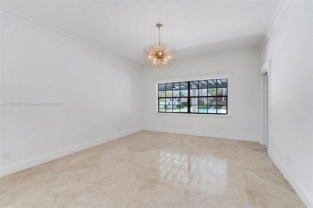 unfurnished room with a notable chandelier and crown molding