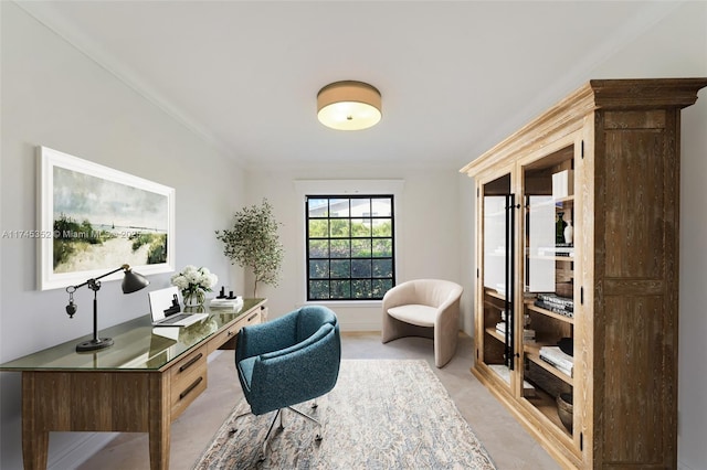 office space featuring crown molding and light carpet