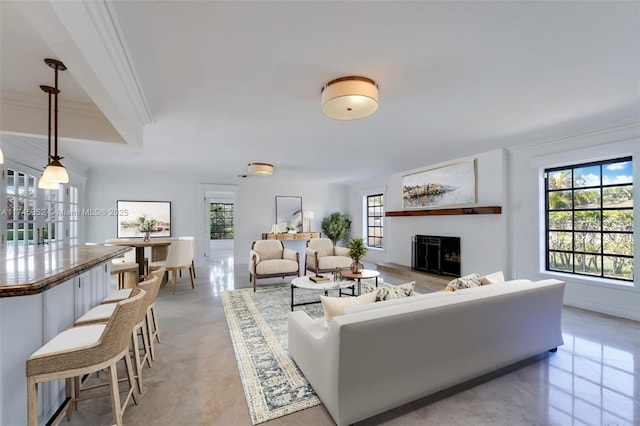 living room featuring crown molding