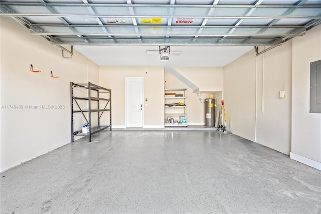 garage featuring a garage door opener, electric water heater, and electric panel