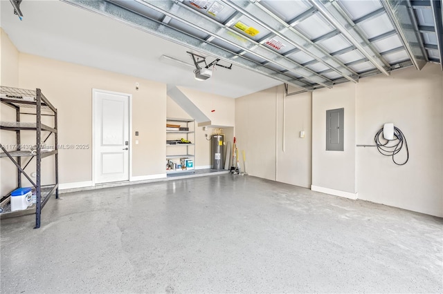 garage featuring electric panel, a garage door opener, and water heater