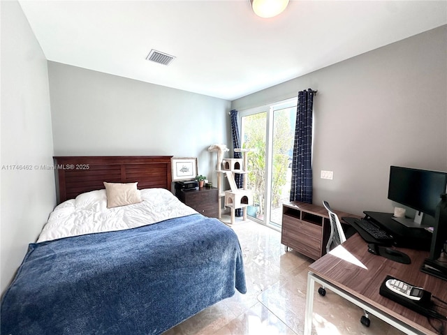 bedroom with marble finish floor, visible vents, and access to exterior