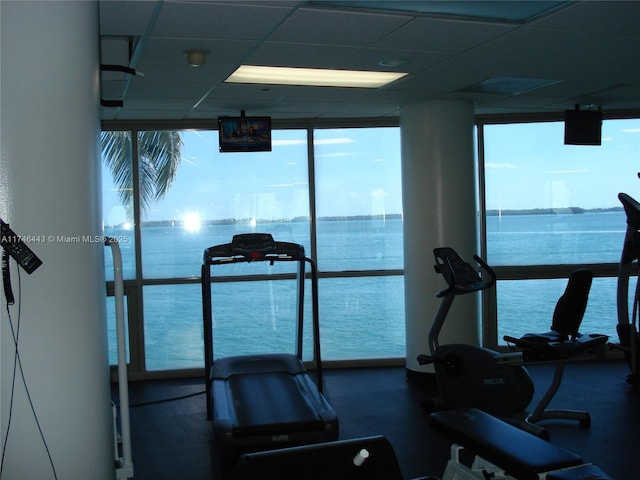 770 Claughton Island Dr Unit 1708, Miami, FL 33131 - exercise room with floor to ceiling windows, a water view, and a drop ceiling