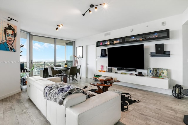 living room featuring a wall of windows, light hardwood / wood-style floors, and rail lighting