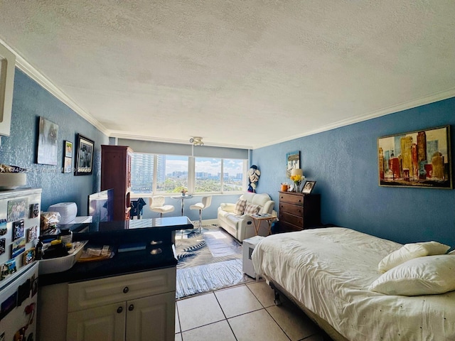 bedroom featuring ornamental molding, a textured ceiling, and light tile patterned flooring