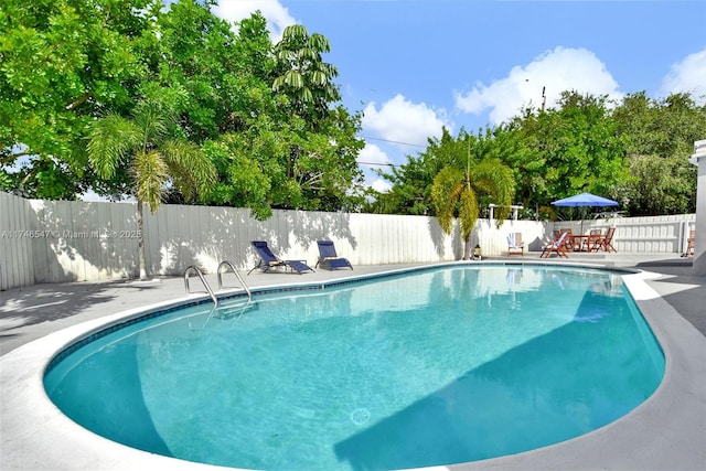 view of swimming pool featuring a fenced in pool, a fenced backyard, and a patio