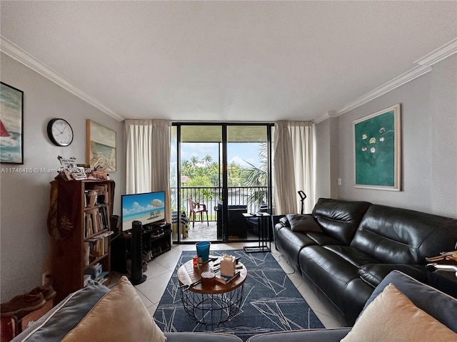 living room featuring ornamental molding, floor to ceiling windows, and light tile patterned floors