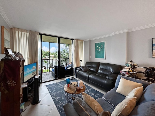 living room featuring a wall of windows, light tile patterned flooring, and crown molding