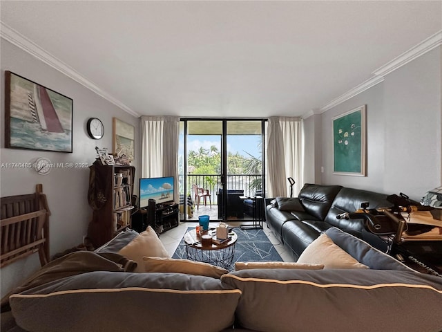 living area with floor to ceiling windows and crown molding