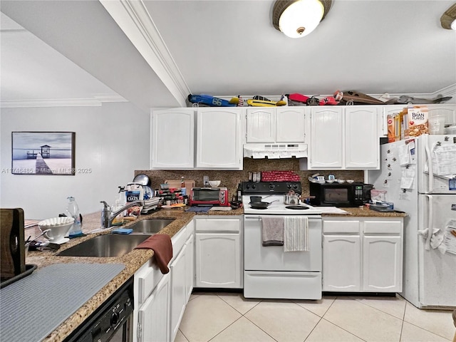 kitchen featuring black appliances, under cabinet range hood, light tile patterned floors, and a sink