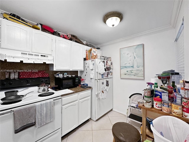 kitchen with white appliances, light tile patterned floors, crown molding, under cabinet range hood, and white cabinetry