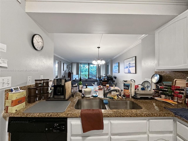 kitchen with a chandelier, a sink, white cabinetry, dishwasher, and crown molding