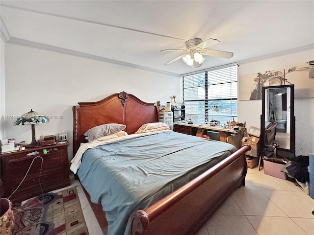 bedroom featuring ornamental molding, light tile patterned flooring, and ceiling fan