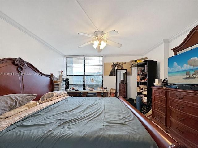 bedroom with ornamental molding and a ceiling fan