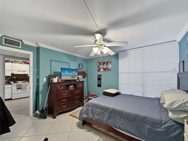 bedroom featuring light tile patterned floors, ceiling fan, visible vents, and crown molding