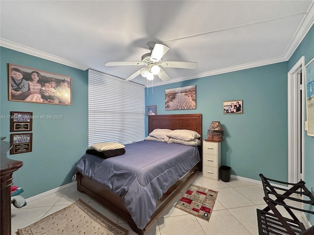 bedroom with ceiling fan, crown molding, baseboards, and light tile patterned floors