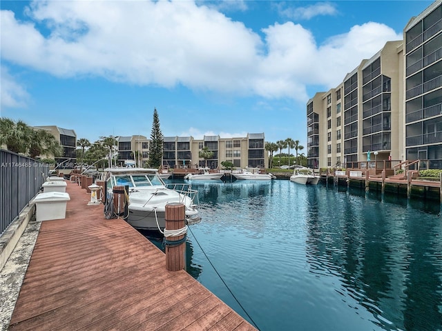 view of swimming pool featuring a water view and a boat dock