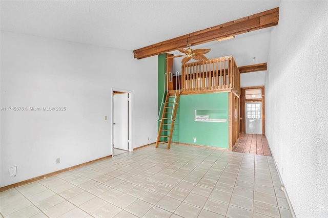 empty room featuring high vaulted ceiling, a textured ceiling, light tile patterned floors, ceiling fan, and beam ceiling