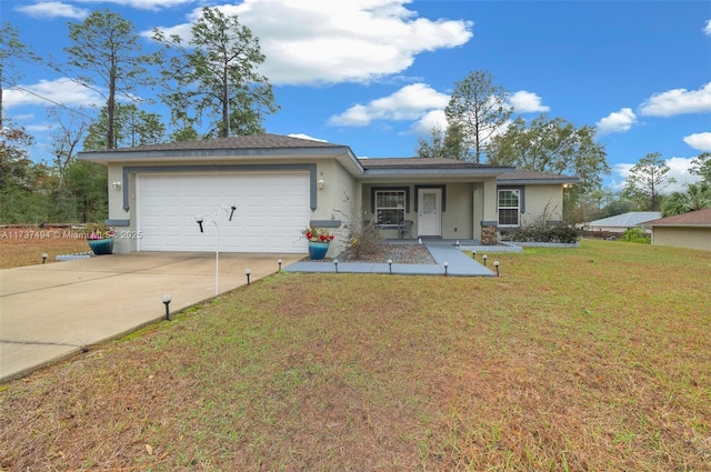 single story home with driveway, a front lawn, an attached garage, and stucco siding