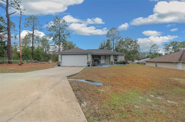 single story home with an attached garage, a front lawn, and concrete driveway