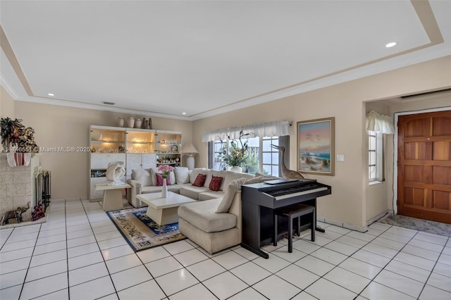 tiled living room featuring crown molding