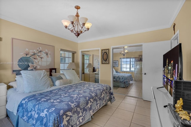 bedroom with crown molding, light tile patterned floors, and an inviting chandelier