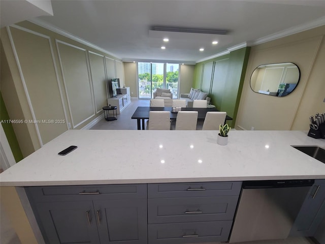 2851 NE 183rd St Unit 511E, Aventura, FL 33160 - kitchen with light stone counters, gray cabinets, and stainless steel dishwasher