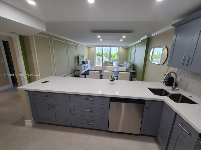 2851 NE 183rd St Unit 511E, Aventura, FL 33160 - kitchen with sink, gray cabinetry, backsplash, ornamental molding, and stainless steel dishwasher