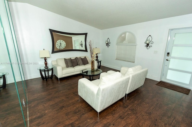 living room featuring lofted ceiling and dark wood-type flooring