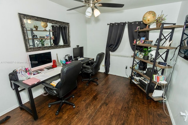 office featuring hardwood / wood-style flooring and ceiling fan