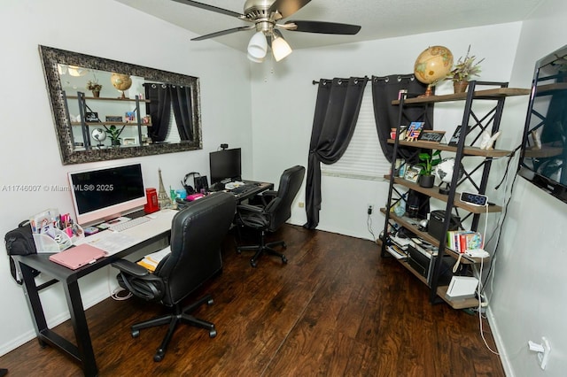 office space featuring wood-type flooring and ceiling fan