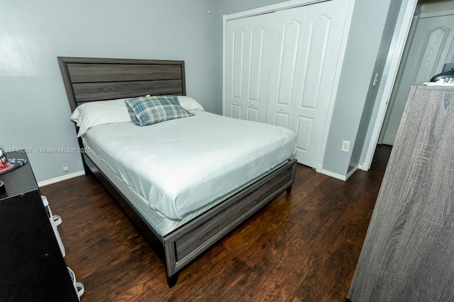 bedroom featuring dark hardwood / wood-style floors and a closet