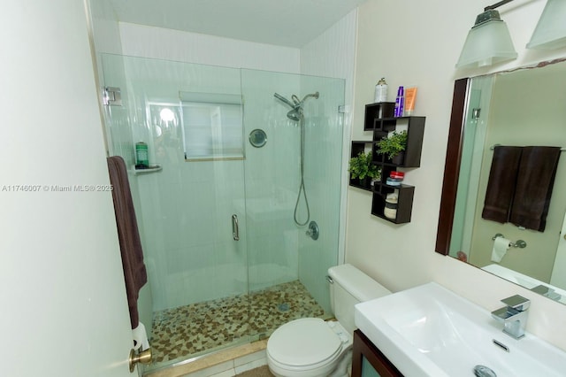 bathroom with vanity, toilet, and a shower with door