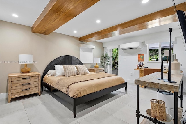 bedroom with an AC wall unit, light tile patterned flooring, and beam ceiling