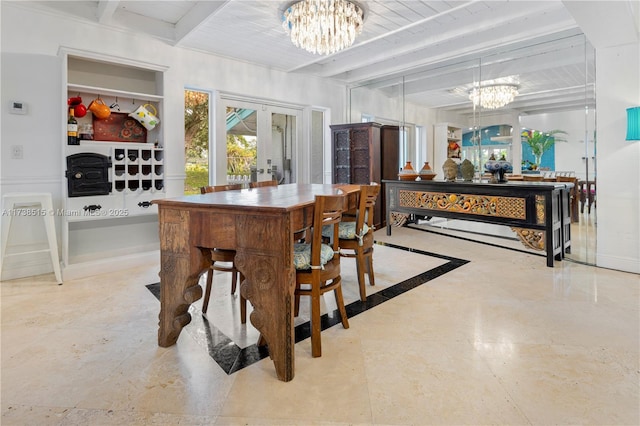 dining space with french doors, beam ceiling, and a notable chandelier
