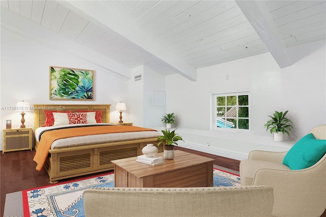 bedroom featuring lofted ceiling with beams, wooden ceiling, and wood finished floors