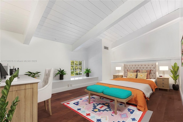 bedroom with wood ceiling, visible vents, vaulted ceiling with beams, and wood finished floors